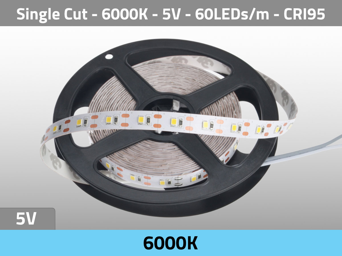 LED Strip Single Cut 6000K Daylight 5V CRI95