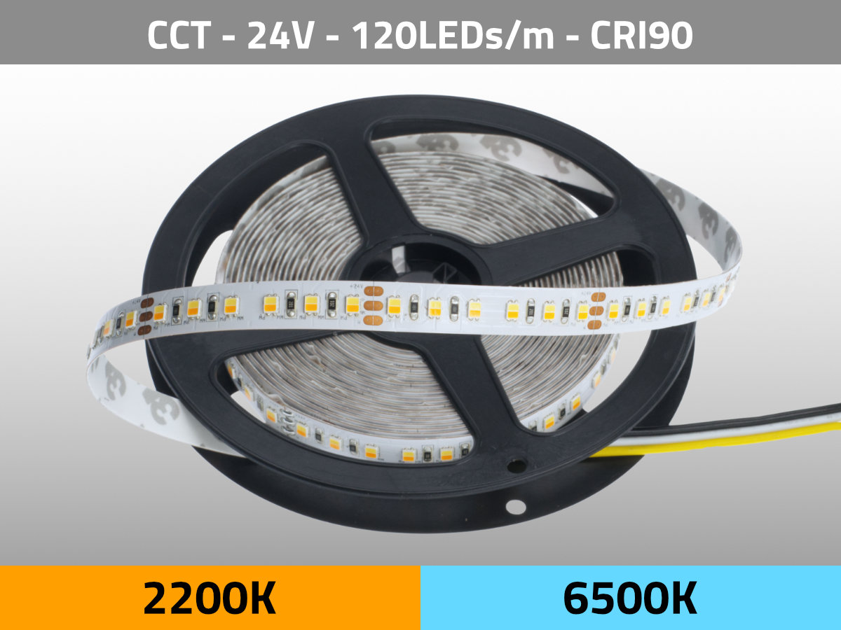 Pelagisch Onvoorziene omstandigheden wetenschappelijk LED Strip CCT 2200K-6500K 24V 19.2W/m 120LEDs/m CRI90 | GKORE PRO Series |  CCT | 92 (2200K) | 95 (6500K) | 2200 K | 6500 K | CINELEDS