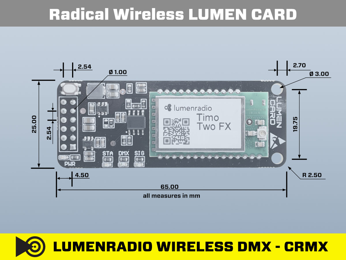 Radical Wireless CRMX Lumenradio LUMEN CARD TOP View Dimensions